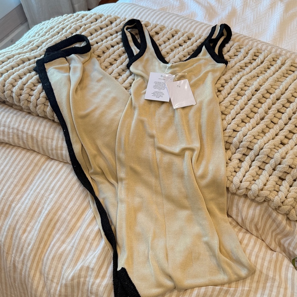 Asta Resort Naomi Split Dress. Beige and Black Sleeveless Dress. Champagne